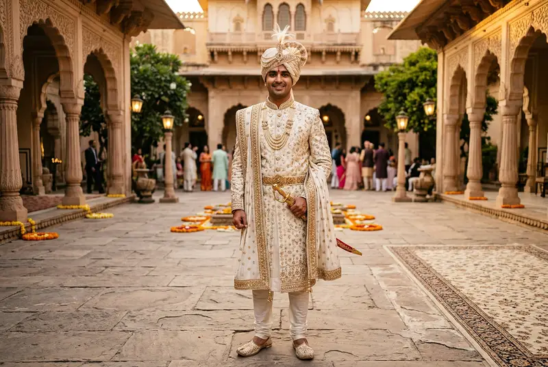 Groom in full wedding regalia — ivory sherwani with turban and haar at the mandap ceremony