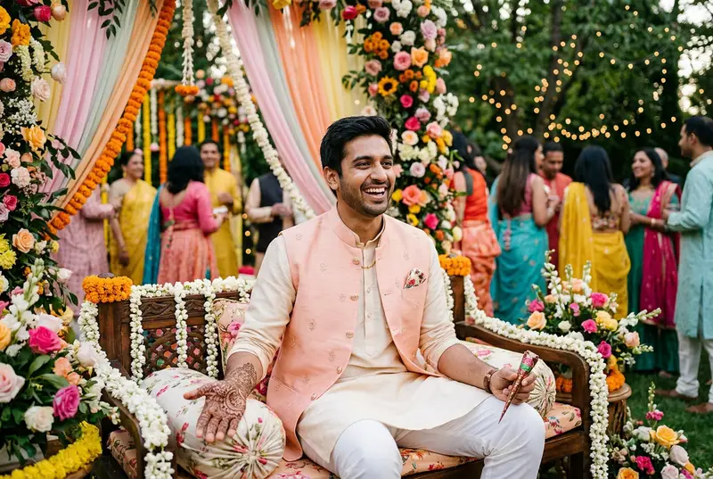 Groom in teal printed nehru jacket with dhoti pants at colorful mehendi celebration