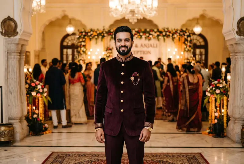 Groom in ivory jodhpuri suit at palatial reception venue — precision tailoring makes the difference