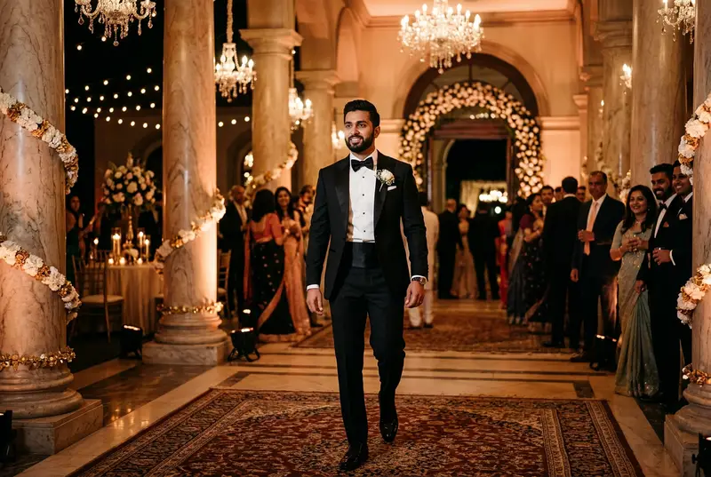 Groom in classic black tuxedo with boutonniere walking through luxury reception venue