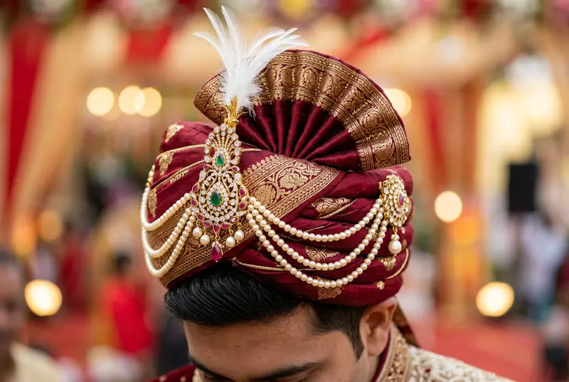 Close-up of ornate safa turban with gold kalgi brooch — the most iconic groom accessory