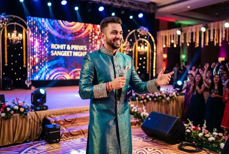 Groom in metallic black bandhgala jacket under dramatic stage lighting at sangeet party
