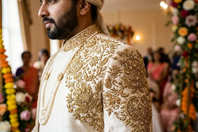 Close-up of intricate zardozi gold embroidery on a red sherwani — the hallmark of royal Indian groom fashion