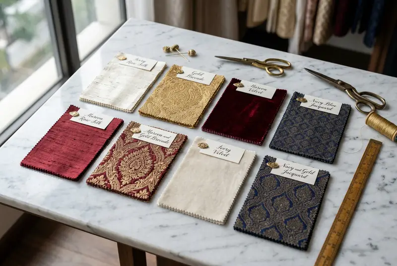 Sherwani fabric options — raw silk, velvet, and brocade swatches for Indian groom outfits