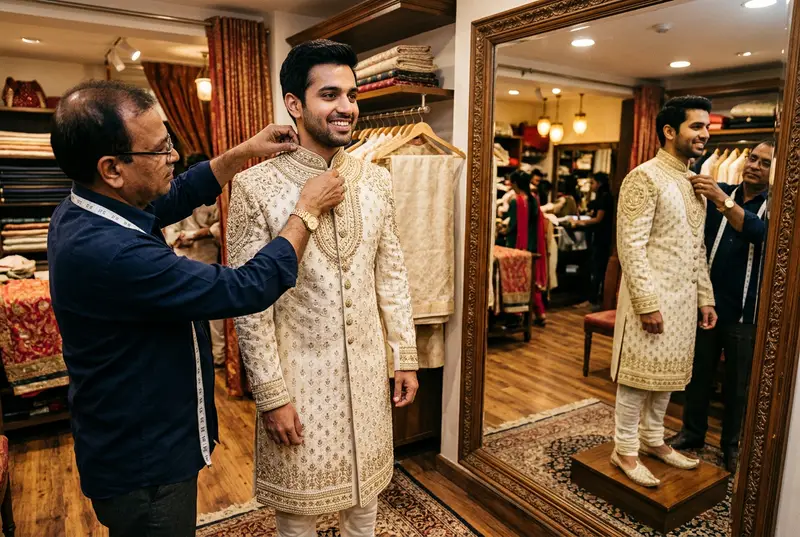 Groom getting fitted for a custom sherwani at a luxury boutique — proper tailoring is the key to a perfect look