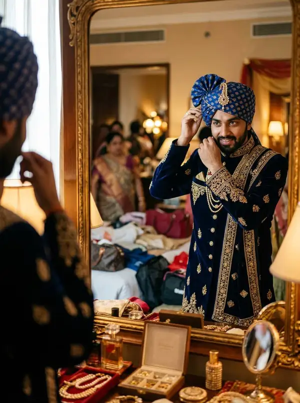 Indian groom in navy blue sherwani adjusting safa turban - getting-ready moment styled by StyleBuddy