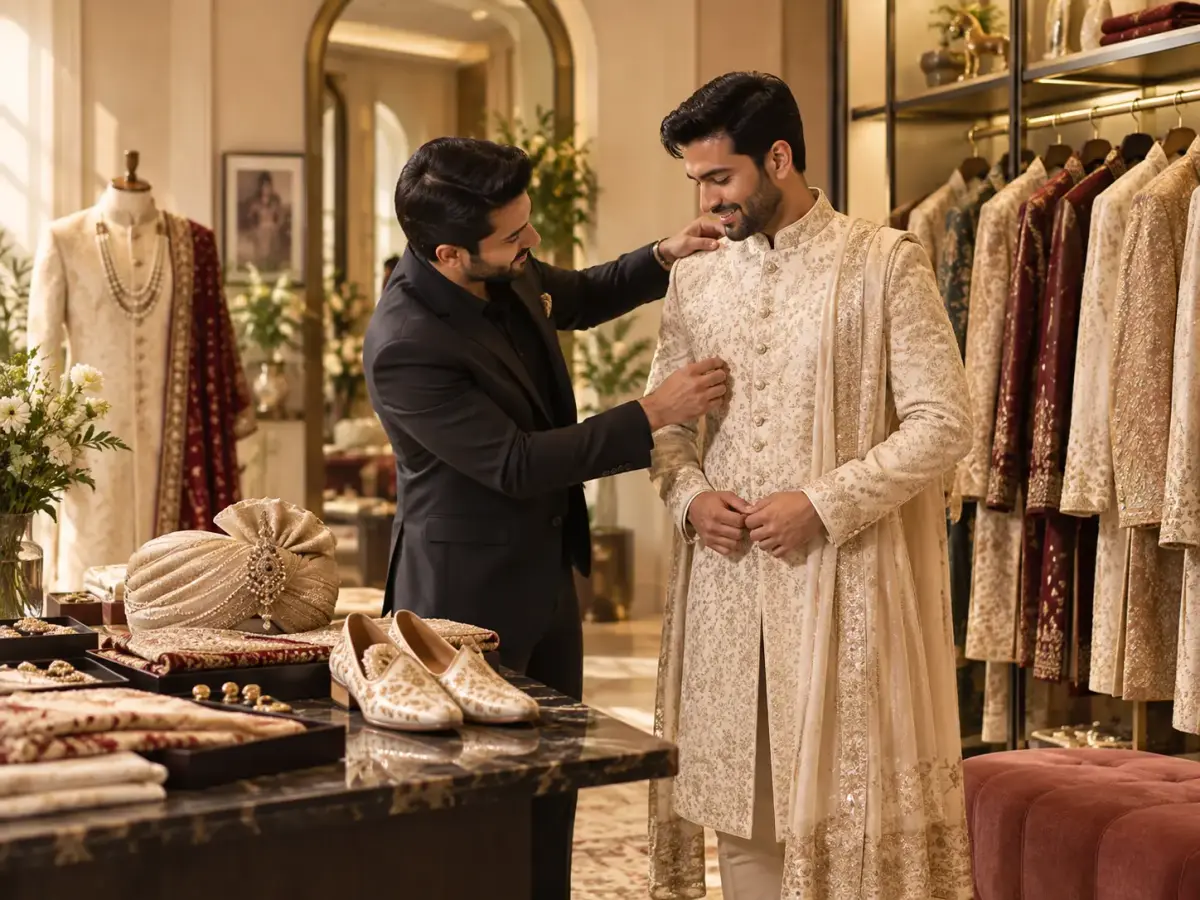Groom stylist helping an Indian groom coordinate a sherwani and wedding accessories
