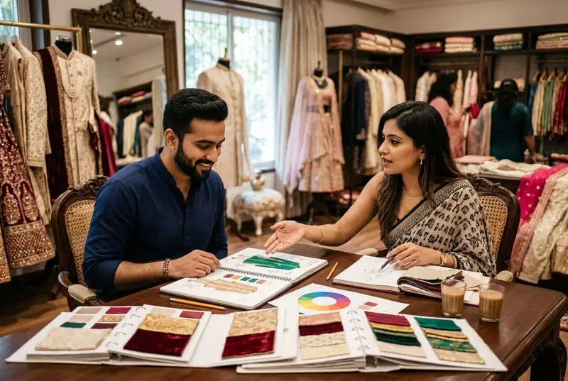 Wedding stylist consulting with groom in boutique — showing curated outfit options on tablet