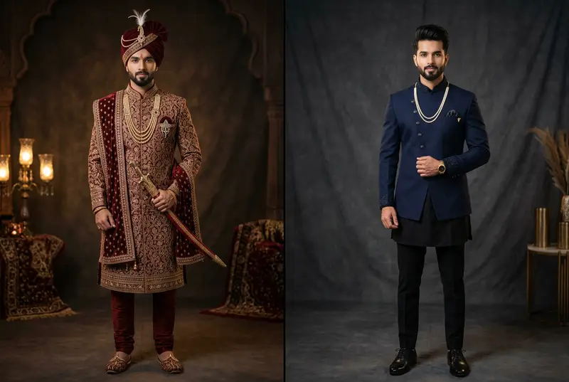 Traditional vs modern Indian groom fashion — heavy sherwani with turban beside sleek bandhgala