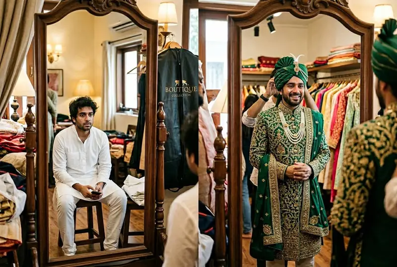 Groom transformation — stylist adjusting ivory sherwani collar as groom sees his final look in the mirror