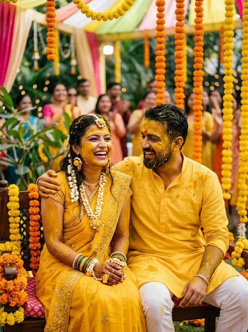 Haldi ceremony couple styling in coordinated yellow outfits