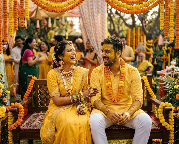 Joyful couple at haldi ceremony with turmeric and marigold decorations - styled by StyleBuddy