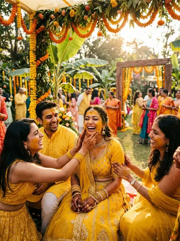 Bride laughing as friends apply turmeric at haldi ceremony with marigold decorations - styled by StyleBuddy Weddings
