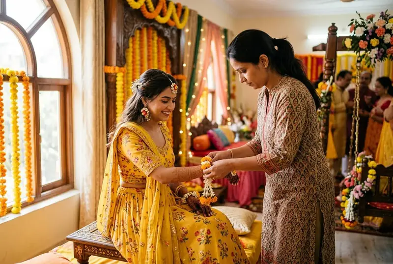 Haldi ceremony outfit styling India - bride in yellow outfit with floral jewelry styled by StyleBuddy