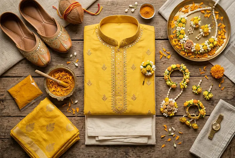 Haldi ceremony outfit flatlay with yellow kurta and flower garlands