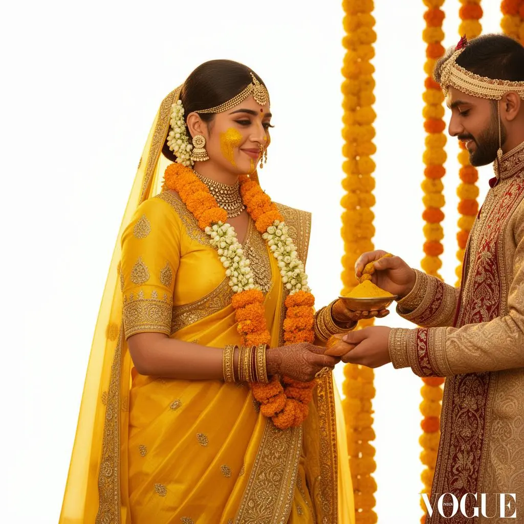 Haldi ceremony outfit styling India - bride in bright yellow outfit with floral jewelry