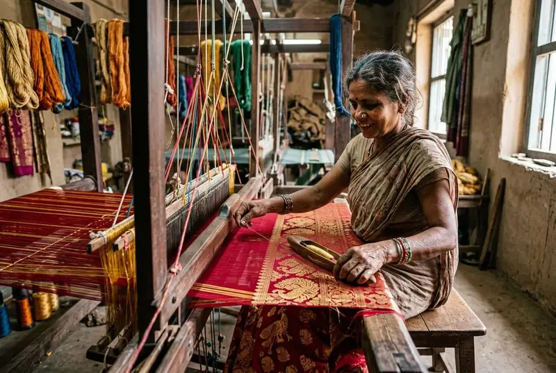 Artisan weaver at traditional handloom creating bridal fabric