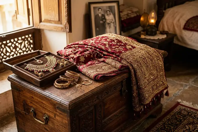Bride wearing vintage heirloom saree passed down from grandmother