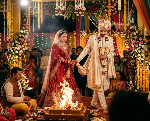 Hindu wedding phera ceremony - bride and groom walking around sacred fire in decorated mandap - styled by StyleBuddy