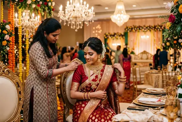 Indian bridal reception look - bride in pink floral saree with rose accessories styled by StyleBuddy Weddings