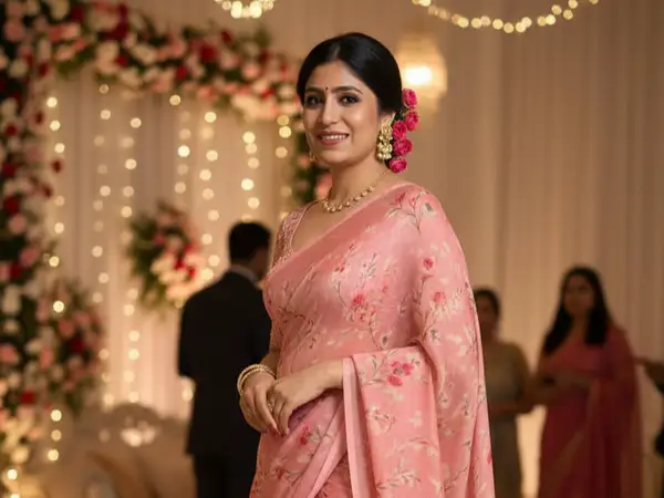 Indian bridal reception look — bride in pink saree with gold jewelry styled by StyleBuddy Weddings