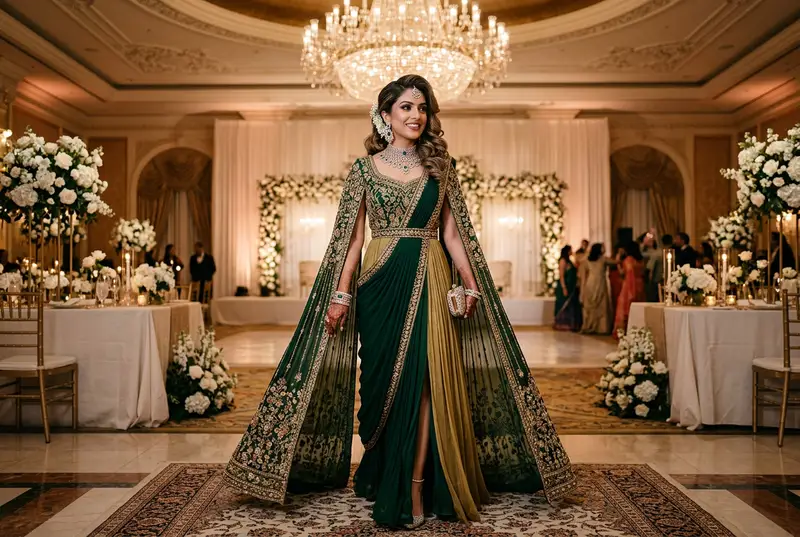 Indian bride in a sleek Indo-western gown with cape and trail