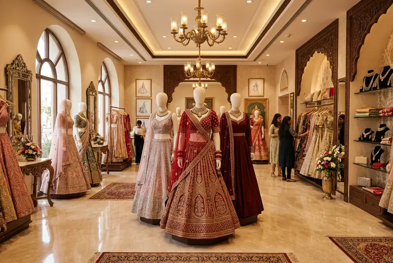 Jaipur MI Road designer boutique with luxury bridal lehengas and Rajasthani architectural touches