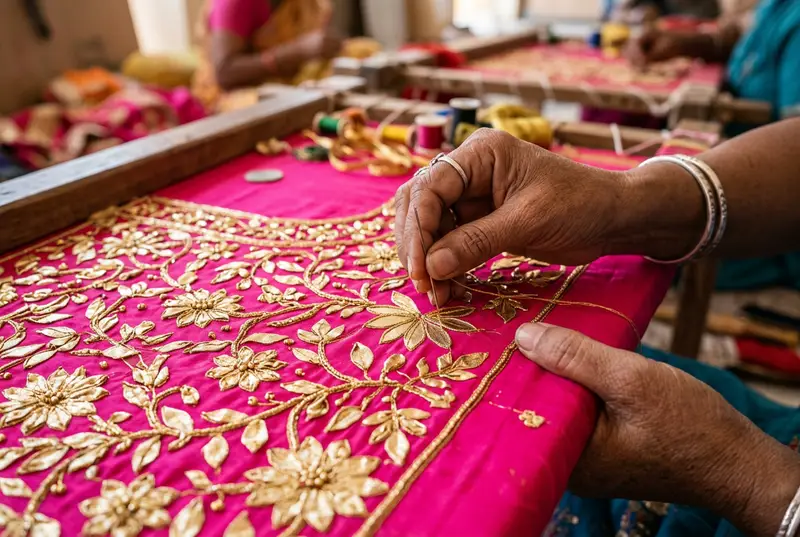 Close-up of Rajasthani Gota Patti embroidery on pink bridal fabric
