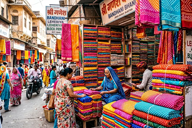 Jaipur Tripolia Bazaar with colourful Gota Patti lehengas and Bandhani fabrics on display
