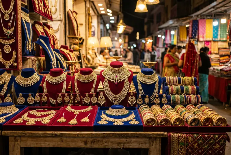 Johari Bazaar Jaipur with stunning kundan and polki bridal jewelry in glass cases