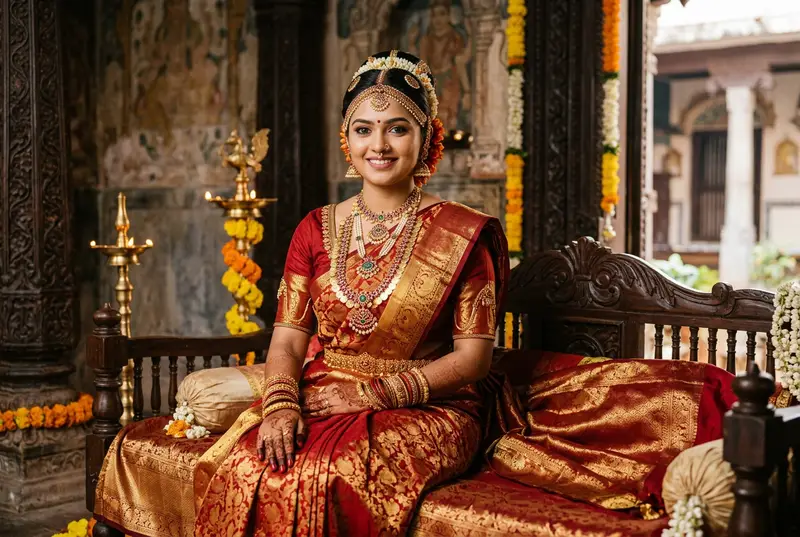 Indian bride in a beautiful Kanjeevaram silk saree with temple jewelry