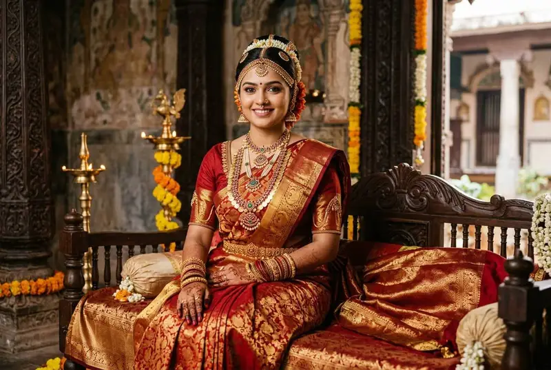 Indian bride in a beautiful Kanjeevaram silk saree with temple jewelry