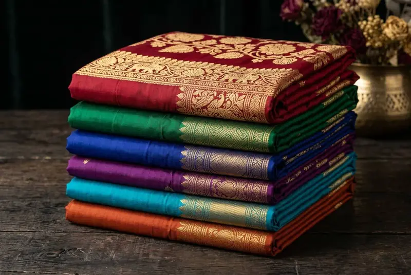 Stacked Kanjeevaram silk sarees with golden borders in jewel tones at a South Indian shop