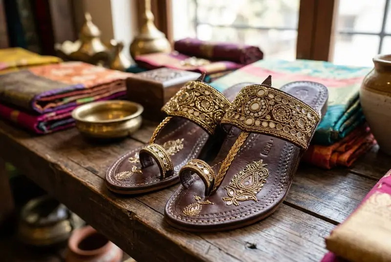 Gold and silver kolhapuri chappals with mirror work embroidery