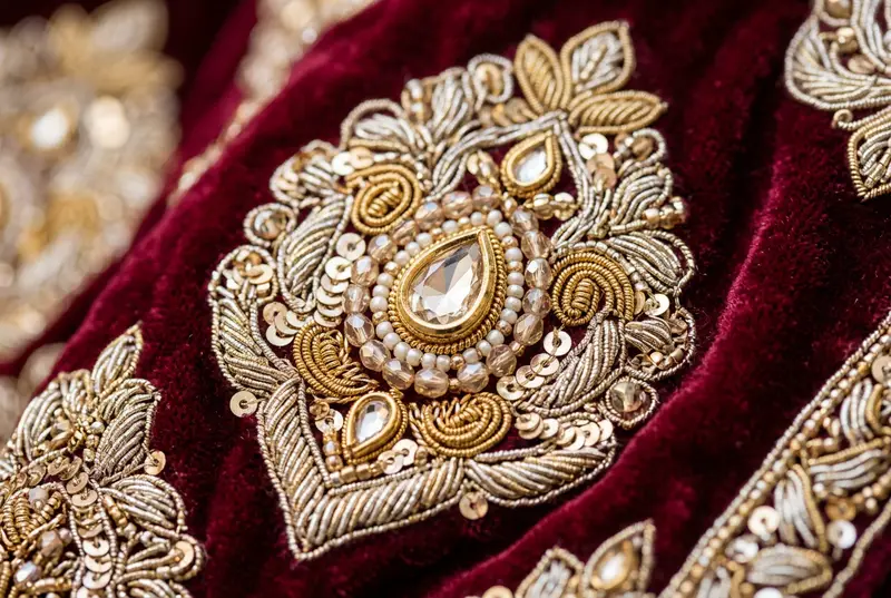 Close-up of rich zardozi and dabka embroidery on a bridal lehenga