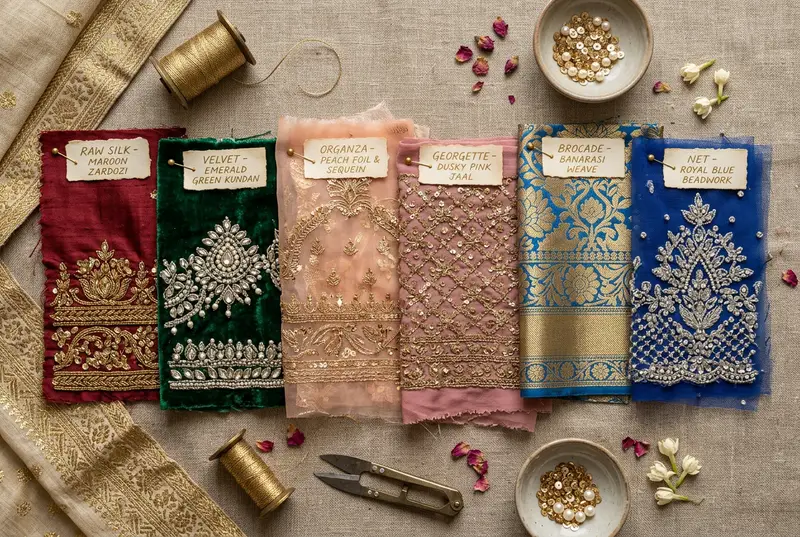 Luxury bridal lehenga fabric swatches in rich wedding colours