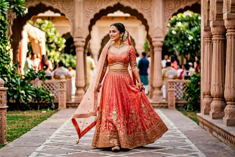 Petite bride in a high-waist monochrome blush pink lehenga