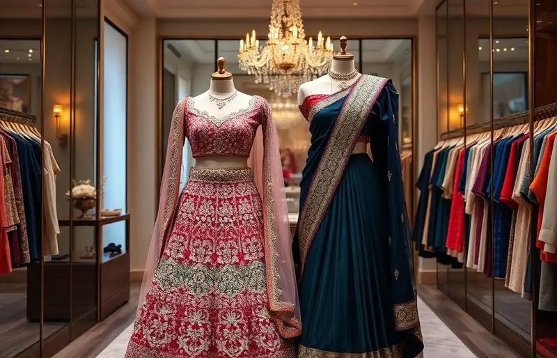 Bridal lehenga and saree displayed together in a luxury boutique
