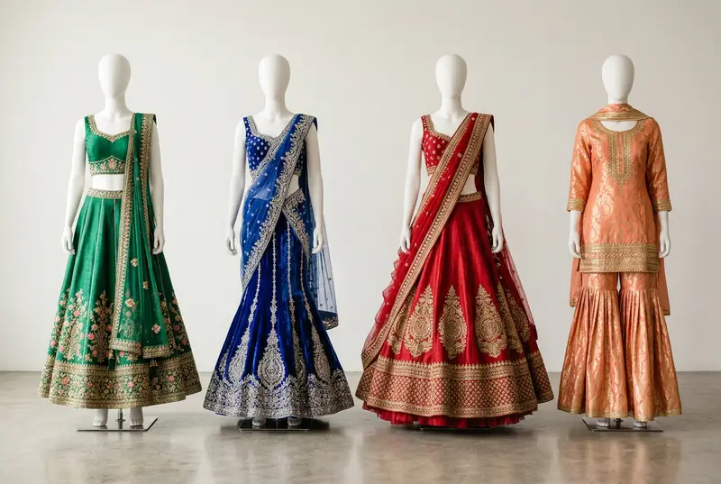 Different bridal lehenga silhouettes displayed in a showroom