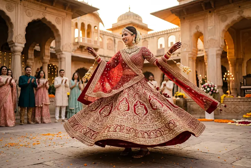 Indian bride in a heavy bridal lehenga twirling at outdoor mandap