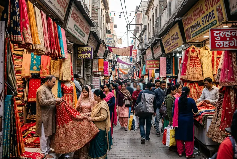 Bustling local bridal market lane with colourful lehengas and sarees on display
