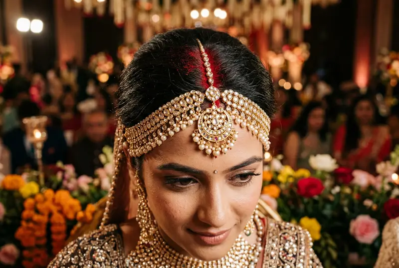 Elegant bridal maang tikka headpiece close-up