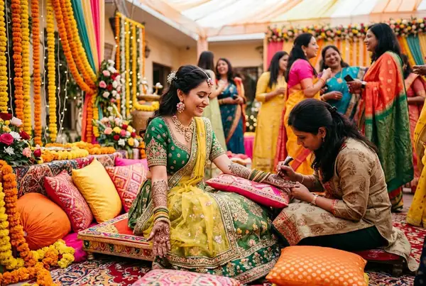 Mehendi ceremony couple styling — colorful lehenga and cream sherwani