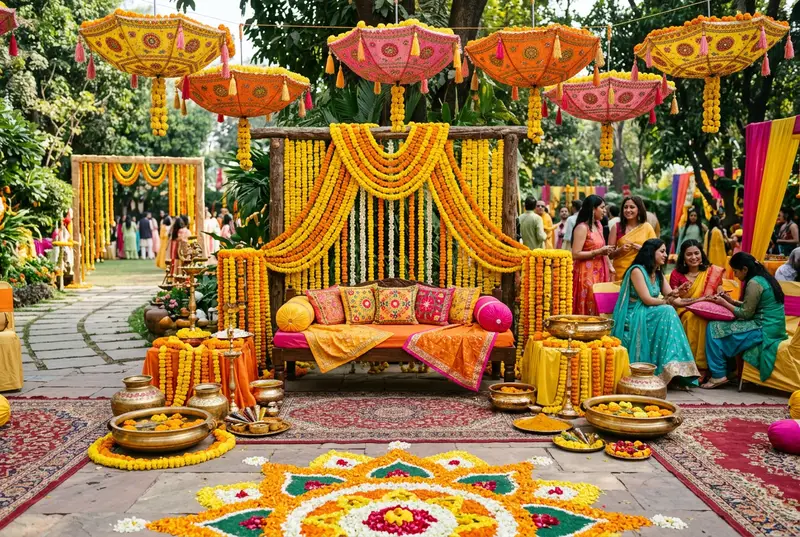 Mehendi and haldi ceremony with vibrant decorations