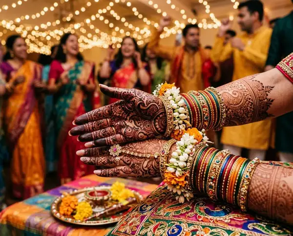 Close-up of bride's intricate mehendi henna designs with colorful bangles and floral jewelry - styled by StyleBuddy