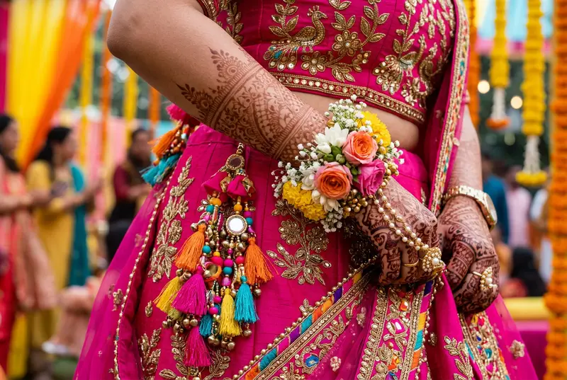 Mehendi outfit details with floral jewelry and green ensemble