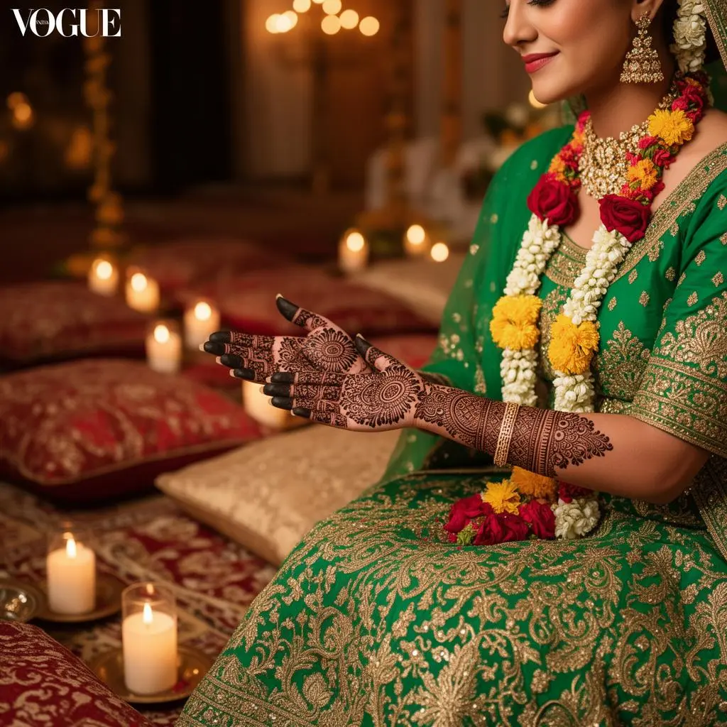 Mehendi ceremony outfit styling India - bride with beautiful henna designs and floral jewelry