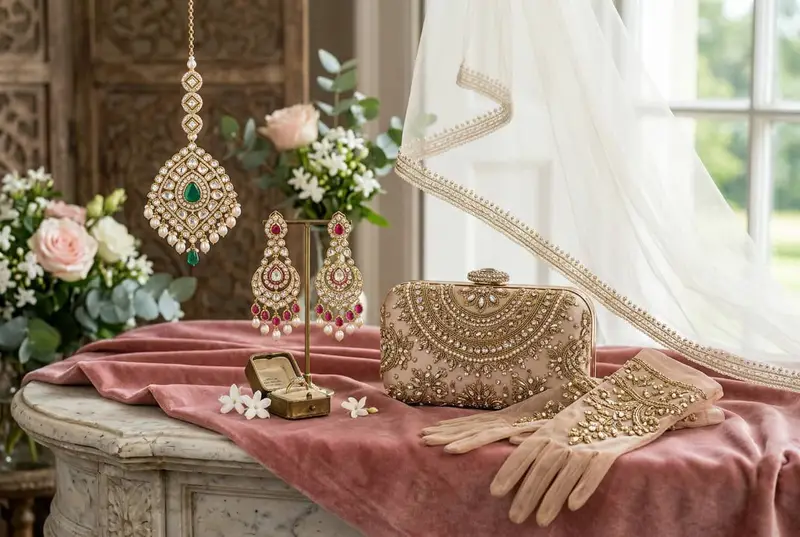 Collection of modern bridal accessories on marble surface