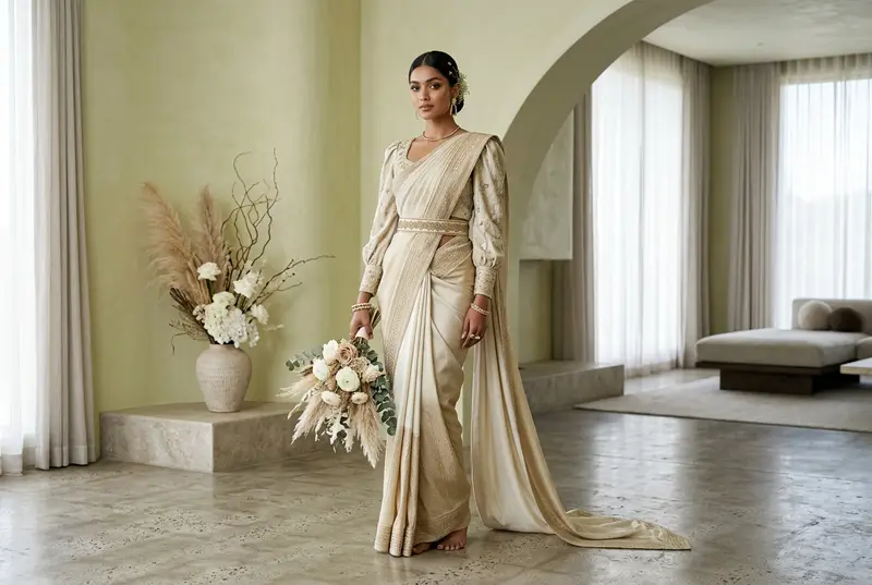 Modern bride in a concept saree with structured pallu and belt
