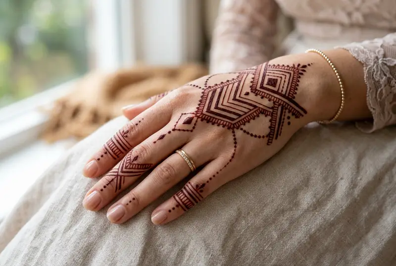 Modern minimal mehendi with geometric and floral motifs
